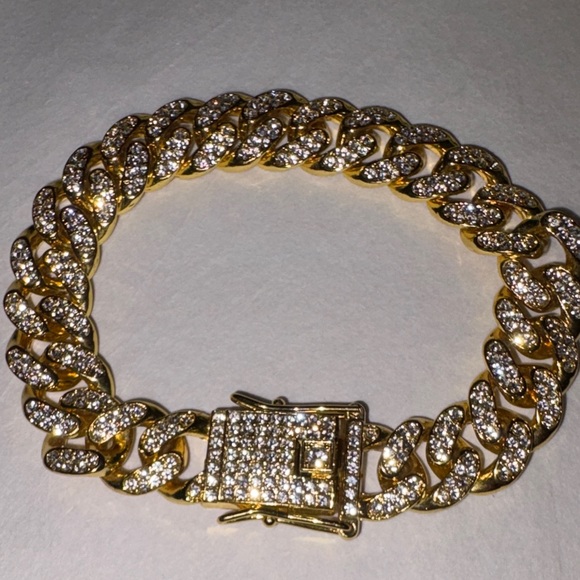 Jewelry - Iced out, Cuban Link gold tone prong set bracelet